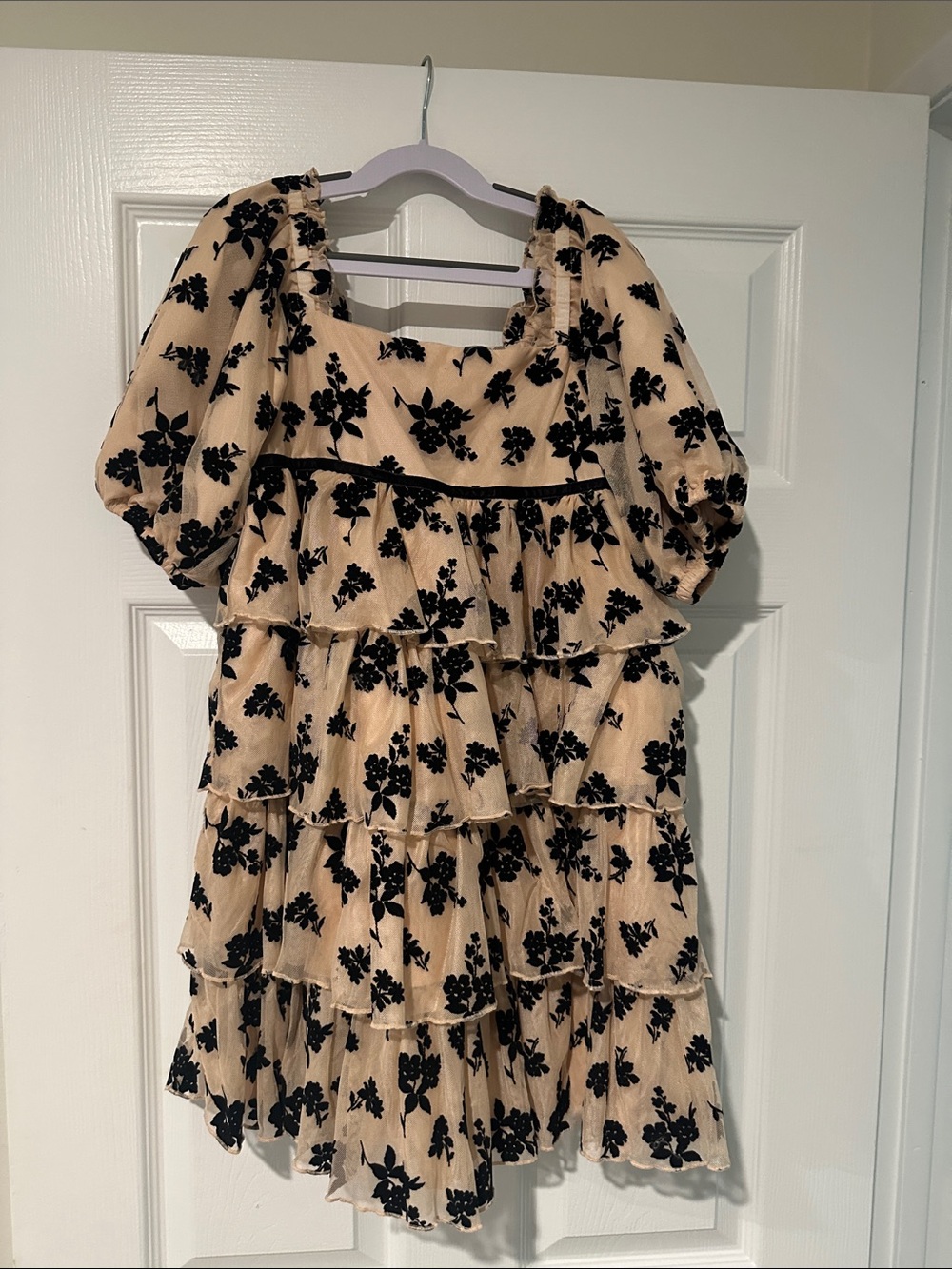 Janie and Jack Beige Dress with Black Floral Flocked Ruffles